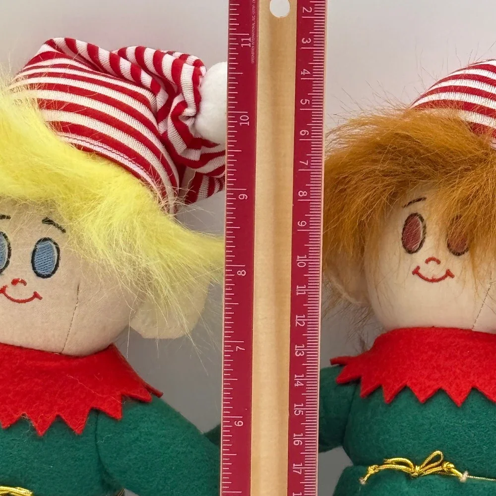 Vintage 1994 Dakin Richie Bear Christmas Elf Plush Dolls Pair Green Red 11 Inch